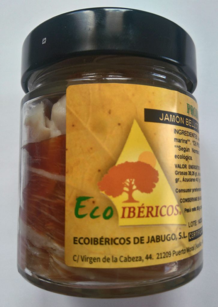 Eichelschinken 100% Iberian Organic von Hand geschnitten und vakuumverpackt im GLAS. Nettogewicht, 80g